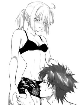 1boy 1girl ahoge ai_(ai1470) artoria_pendragon_(fate) bra breasts cleavage commentary_request emiya_kiritsugu facial_hair fate/zero fate_(series) greyscale heavy_breathing hetero kissing_crotch monochrome ponytail saber_(fate) second-party_source short_shorts shorts small_breasts stubble sweat underwear