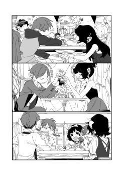 1boy 3koma 4girls absurdres artist_request braid chilchuck&#039;s_wife chilchuck_tims comic dungeon_meshi formal_clothes highres holding_hands jewelry monochrome multiple_girls ring suit twin_braids wedding_ring