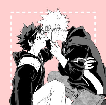 2boys absurdres adam&#039;s_apple arm_up bakugou_katsuki bespectacled boku_no_hero_academia commentary_request eye_contact freckles glasses greyscale_with_colored_background highres hood hood_down hooded_jacket jacket kneeling long_sleeves looking_at_another male_focus midoriya_izuku multiple_boys no_control pants pink_background short_hair spiked_hair