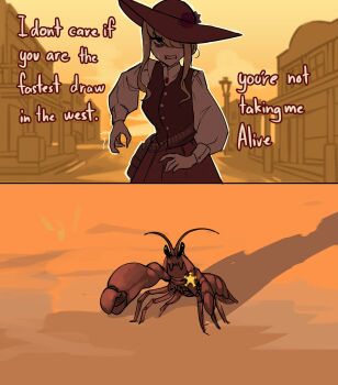 1girl blonde_hair brown_hat brown_vest building centurii-chan character_request cloud cowboy_western duel english_text hair_over_one_eye hat highres mexican_standoff original pistol_shrimp pleated_skirt sand shadow sheriff_badge shirt sidelocks skirt sky sweat trembling vest white_shirt wide_brim