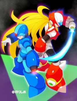 Rule 34 | 2boys, arm cannon, armor, blonde hair, blue armor, blue eyes, blue helmet, chest jewel, clenched hands, energy sword, fighting stance, forehead jewel, gloves, glowing, green eyes, helmet, highres, holding, holding sword, holding weapon, jewelry, long hair, looking at viewer, male focus, mega man (series), mega man x (series), multiple boys, no-rishio, ponytail, red armor, red helmet, serious, shoulder armor, standing, sword, twitter username, two side up, very long hair, weapon, white gloves, x (mega man), z saber, zero (mega man)