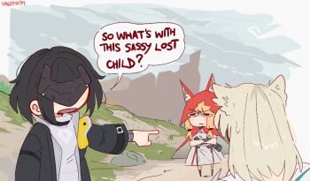 Rule 34 | 3girls, animal ears, arknights, arknights: endfield, artist name, bird ears, bird girl, black gloves, black hair, black jacket, blonde hair, cape, closed mouth, commentary, crossed arms, dress, endministrator (arknights), english commentary, english text, female endministrator (arknights), gloves, hood, hood up, hooded cape, jacket, long hair, medium hair, meme, multiple girls, open mouth, outdoors, perlica (arknights), pointing, red cape, rossi (arknights), sassy lost child (meme), signature, sweater, unfamousradish, white dress, white hair, white sweater, wolf ears, wolf girl