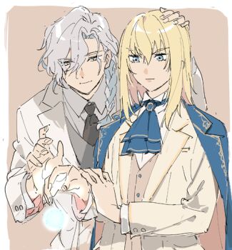 2boys aged_down arm_up ascot bishounen black_necktie blonde_hair blue_ascot blue_eyes blue_jacket border braid brooch brown_background brown_vest closed_mouth collared_shirt fate/grand_order fate_(series) formal_clothes grey_vest hair_between_eyes hair_over_shoulder hand_on_another&#039;s_head hand_on_own_wrist hand_up hands_up jacket jacket_on_shoulders jewelry kirschtaria_wodime light_smile lips long_sleeves looking_down m-tobiei magic male_focus marisbury_animusphere medium_hair multiple_boys necktie open_clothes open_jacket parted_bangs shirt side-by-side simple_background single_braid sketch suit upper_body vest white_border white_hair white_jacket white_shirt yellow_eyes yellow_jacket