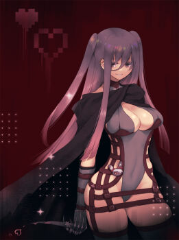 1girl breasts cleavage cleavage_cutout clothing_cutout commentary_request covered_navel cowboy_shot dagger earrings gloves grey_gloves grey_leotard grey_thighhighs grin hair_between_eyes highleg highleg_leotard highres holding holding_dagger holding_knife holding_weapon jewelry knife large_breasts leotard long_bangs long_hair omanjuu_(tamppcn) purple_eyes purple_hair ragnarok_online red_background shadow_cross_(ragnarok_online) sharp_teeth sideless_leotard sidelocks smile solo teeth thighhighs two_side_up very_long_hair weapon