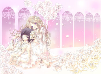 Rule 34 | 00s, bad id, bad pixiv id, barefoot, black hair, blonde hair, brother and sister, code geass, flower, holding hands, lelouch vi britannia, long hair, muu, nunnally vi britannia, purple eyes, siblings