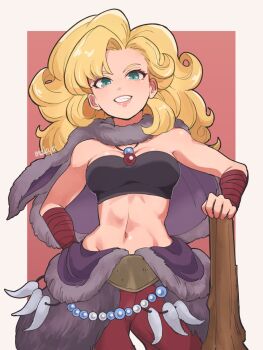 Rule 34 | 1girl, aqua eyes, artist name, ayla (chrono trigger), bandaged arm, bandages, bare shoulders, black shirt, blonde hair, border, breasts, capelet, chrono trigger, cleavage, club (weapon), cosplay, cowboy shot, crop top, curly hair, fur capelet, grin, hand on own hip, highres, holding, holding club, holding weapon, jewelry, long hair, looking at viewer, medium breasts, mekyo, midriff, monster wrangler (dq3), monster wrangler (dq3) (cosplay), navel, necklace, pants, parted lips, red background, red pants, shirt, smile, solo, strapless, teeth, toned, toned female, tube top, weapon, white border