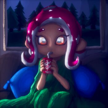 1girl bathrobe blurry brand_name_imitation can coca-cola couch drink drinking drinking_straw eye_reflection grady_sisters_(the_shining) green_robe highres holding holding_can holding_drink long_hair long_sleeves nintendo octoling octoling_girl octoling_player_character octopus_girl on_couch orange_eyes picture_frame pillow pink_hair pointy_ears reflection robe sitting soandnb soda splatoon_(series) suction_cups tentacle_hair the_shining tree watching_television wide_sleeves