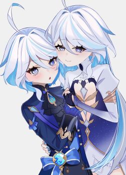 2girls ahoge ascot black_ascot black_shirt black_vest blue_bow blue_eyes blue_gemstone blue_gloves blue_hair blue_jacket blue_nails blush bow bridal_gauntlets closed_mouth clothing_cutout commentary_request dress drop-shaped_pupils dual_persona fingernails focalors_(genshin_impact) furina_(genshin_impact) gem genshin_impact gloves hair_between_eyes hand_around_waist hand_up heterochromia highres holding_hands huge_ahoge irodo_1024 jacket jewelry lapels long_fingernails long_hair long_hair_between_eyes long_sleeves looking_at_viewer low_twintails mismatched_pupils multicolored_hair multiple_girls nail_polish no_headwear open_clothes open_jacket open_mouth pendant puffy_short_sleeves puffy_sleeves shirt short_sleeves sidelocks simple_background smile standing symbol-shaped_pupils twintails two-tone_hair vest vision_(genshin_impact) white_background white_dress white_hair