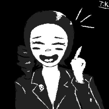 1girl artist_name black_hair blush breasts closed_eyes drill_hair drill_ponytail female female_focus formal_clothes greyscale imscared jacket lapel_pin lapels monochrome open_mouth pixel_art pixelated restorer_(imscared) smile suit suit_jacket tekkstarr text_background