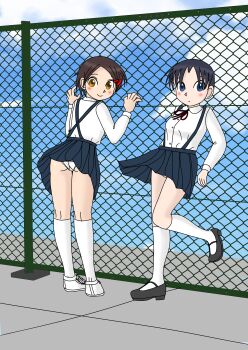 Rule 34 | 2girls, ass, black hair, black shoes, black skirt, blue eyes, blush, breasts, brown eyes, brown hair, chain-link fence, cloud, fence, from behind, hair ornament, hairclip, kneehighs, leaning forward, long sleeves, looking at viewer, looking back, mary janes, multiple girls, neck ribbon, original, panties, red ribbon, ribbon, rooftop, school uniform, sexless2012, shirt, shoes, short hair, skirt, sky, small breasts, smile, sneakers, socks, standing, suspender skirt, suspenders, underwear, white panties, white shirt, white shoes, white socks, wind, wind lift