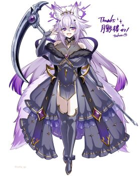Rule 34 | 1girl, animal ear fluff, animal ears, boots, breasts, bridal gauntlets, character request, colored tips, commentary request, copyright request, covered navel, dress, gold trim, grey boots, grey bridal gauntlets, grey dress, grey hair, halo, highres, holding, holding scythe, long hair, multicolored hair, open mouth, purple eyes, purple hair, scythe, second-party source, showgirl skirt, smile, solo, tail, thigh boots, tsukasa (ilqmplim), twitter username