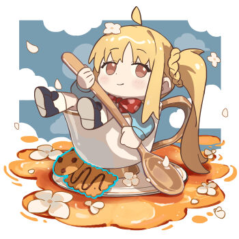 1girl absurdres ahoge black_shoes blonde_hair blush bocchi_the_rock! bow bowtie brown_eyes chibi chibi_only chinese_commentary closed_mouth commentary_request cookie cup dot_nose food full_body highres holding holding_spoon ijichi_nijika in_container in_cup long_hair parted_bangs petals polka_dot polka_dot_bow polka_dot_bowtie red_bow red_bowtie saucer shoes side_ponytail sidelocks sitting smile socks solo spoon teacup tianqiyubao_euc white_socks