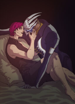 alien black_dress commander_shepard commander_shepard_(female) couple dress garrus_vakarian highres mass_effect_(series) official_alternate_costume on_bed scar scars_all_over too_many tumblr turian yu-chunsam