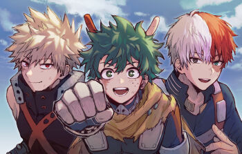 3boys aqua_eyes armor bakugou_katsuki bare_shoulders black_bodysuit black_eyes blonde_hair blue_bodysuit blue_shirt blue_sky bodysuit boku_no_hero_academia burn_scar clenched_hand closed_mouth cloud cloudy_sky commentary_request day fingernails freckles gloves green_eyes green_hair hair_between_eyes hand_up heterochromia highres long_sleeves looking_at_viewer male_focus midoriya_izuku multicolored_hair multiple_boys open_mouth outdoors red_eyes red_hair rune_(rne_at) scar scar_on_face scarf shirt short_hair shoulder_armor sky smile spiked_hair teeth todoroki_shoto two-tone_hair upper_body white_armor white_gloves white_hair yellow_scarf