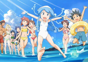2boys 6+girls aizawa_chizuru aizawa_eiko aizawa_takeru arashiyama_gorou arms_up ball barefoot beach bikini black_hair blonde_hair blue_hair blue_male_swimwear blue_swim_trunks bracelet brown_hair cindy_campbell closed_eyes cloud day drawstring frilled_bikini frills glasses hairband hands_on_own_hips ikamusume innertube jewelry jumping lens_flare light_rays long_hair male_swimwear multiple_boys multiple_girls nagatsuki_sanae no_jacket ocean official_art one-piece_swimsuit open_mouth outdoors outstretched_arms ponytail red_male_swimwear red_swim_trunks reference_work ruffle_bikini saitou_nagisa sakura_kiyomi shinryaku!_ikamusume short_hair sky smile soles spread_arms squid_girl standing striped_bikini striped_clothes sunbeam sunlight swim_ring swim_trunks swimsuit tentacles toes volleyball volleyball_(object) walking