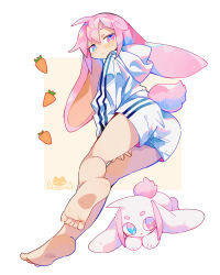 Rule 34 | 1boy, absurdres, animal ears, artist logo, ass, barefoot, blue eyes, bright pupils, carrot, closed mouth, commentary request, feet, heterochromia, highres, hood, hood down, hoodie, light frown, lop rabbit ears, male focus, original, pink eyes, pink hair, rabbit, rabbit boy, rabbit ears, rabbit tail, raito-kun (uenomigi), shorts, tail, uenomigi, white hoodie, white pupils, white shorts
