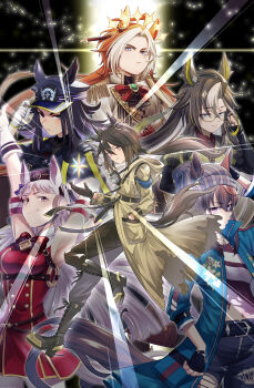 6+girls absurdres ahoge animal_ears armband armpits arms_up ascot asymmetrical_footwear asymmetrical_shirt beanie black_ascot black_boots black_coat black_gloves black_hair black_jacket black_pants black_shirt black_shorts blue_coat blue_eyes blunt_bangs blush boots bow bowtie breasts brown_eyes brown_hair brown_hat closed_mouth coat collared_shirt commentary_request crossed_arms denim dice dice_necklace dice_pendant dream_journey_(reminder_of_dreamland)_(umamusume) dream_journey_(umamusume) dress ear_bow ear_covers ear_ornament ears_through_headwear eyewear_strap fenomeno_(black_flames_of_the_righteous_spirit)_(umamusume) fenomeno_(umamusume) fingerless_gloves fish flipped_hair glasses gloves goggles goggles_around_neck gold_ship_(red_strife)_(umamusume) gold_ship_(umamusume) grey_hair grey_hat hair_between_eyes hand_in_pocket hat highres horse_ears horse_girl horse_tail horseshoe_hat_ornament horseshoe_ornament horseshoe_print jacket jeans jewelry knife_sheath lace lace_sleeves large_breasts long_hair long_sleeves looking_at_viewer midnavel multicolored_hair multiple_girls nakayama_festa_(shichuukyuukatsu)_(umamusume) nakayama_festa_(umamusume) necklace orange_hair orfevre_(control)_(umamusume) orfevre_(umamusume) pants pantyhose peaked_cap pillbox_hat puffy_sleeves purple_eyes purple_hair red_bow red_bowtie red_dress red_shirt sheath shirt shorts single_ear_cover sleeveless sleeveless_dress smile stay_gold_(sunlit_outsider)_(umamusume) stay_gold_(umamusume) stay_gold_clan_(umamusume) striped_armband striped_clothes tail tawashi_hechima torn_clothes torn_coat torn_jeans torn_pants torn_shirt two-tone_hair umamusume white_boots white_coat white_gloves white_hair white_pantyhose white_shirt wrist_belt yellow_coat