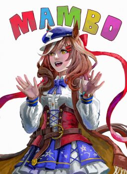 1girl absurdres animal_ears belt_bag blue_bow blue_bowtie blue_hat blue_skirt blush bow bowtie breasts brown_hair center_frills clothing_cutout commentary corset ears_through_headwear english_commentary frills hair_ornament hairclip hat highres horse_ears horse_girl long_sleeves mambo_(meme) matikanetannhauser_(panpaka_tiltott)_(umamusume) matikanetannhauser_(umamusume) medium_breasts medium_hair meme multicolored_hair newsboy_cap open_mouth red_corset shirt shoulder_cutout simple_background skirt smile solo streaked_hair teeth tilted_headwear umamusume upper_teeth_only white_background white_shirt white_skirt yanmanxplore yellow_eyes