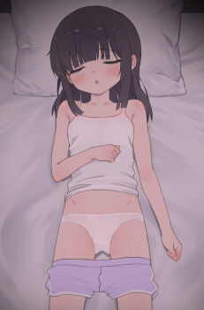 1girl absurdres bare_shoulders black_hair blunt_bangs breasts camisole closed_eyes clothes_pull collarbone hand_on_own_stomach highres loli lying medium_hair on_back on_bed original panties pillow ruriri shorts shorts_pull sidelocks sleeping small_breasts solo underwear white_camisole white_panties