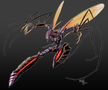 1boy arthropod_limbs beast_wars beast_wars:_transformers biomechanical bug claws compound_eyes flying_kick glowing glowing_eyes highres insect insect_wings kicking male_focus mecha mosquito oohara_tetsuya organic predacon robot transformers transquito wings