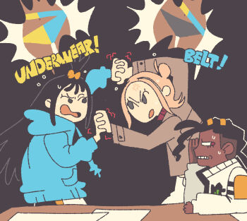 angry battle belt black_hair blonde_hair blue_vest brown_vest canari_(pokemon) dark-skinned_female dark-skinned_male dark_skin embarrassed farfinfarfin hand_on_own_face lida_(pokemon) naveen_(pokemon) nintendo pokemon pokemon_legends:_z-a struggling taunie_(pokemon) underwear vest white_vest