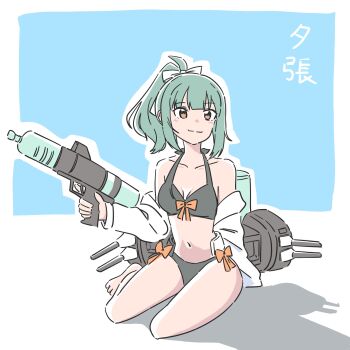 1girl adapted_costume ahoge aqua_background barefoot bikini black_bikini brown_eyes character_name green_hair highres itota_(taikoubou) jacket kantai_collection long_hair ponytail sitting solo swimsuit trigger_discipline water_gun white_jacket yokozuwari yuubari_(kancolle) yuubari_kai_ni_(kancolle) yuubari_kai_ni_(swimsuit)_(kancolle)