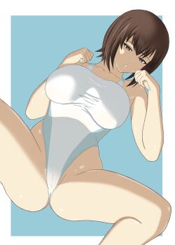1girl absurdres breasts brown_eyes brown_hair cameltoe chousokabe_k clenched_hands clenched_teeth competition_swimsuit crotch_focus girls_und_panzer highleg highres large_breasts looking_at_viewer nishizumi_maho one-piece_swimsuit parted_lips solo split spread_legs swimsuit teeth two-tone_background white_one-piece_swimsuit wide_spread_legs