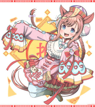 1girl :d agnes_digital_(lovely_jiangshi)_(umamusume) agnes_digital_(umamusume) animal_ears blue_eyes blush bow braid brown_hair brown_shoes commentary_request dress flying_sweatdrops full_body hat heart highres horse_ears horse_girl horse_tail jiangshi_costume long_sleeves looking_at_viewer low_twintails meandros_border open_mouth pantyhose pink_dress qingdai_guanmao rakugakiraid red_bow shoes sleeves_past_fingers sleeves_past_wrists smile solo tail twin_braids twintails umamusume white_pantyhose wide_sleeves