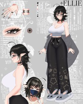 1girl absurdres ahoge bare_shoulders black-framed_eyewear black_choker black_hair black_nails black_pants blue_mask blush breasts character_name choker cleavage closed_mouth collarbone color_guide commentary cross-shaped_pupils ear_piercing ellie_(itszenvy) english_commentary english_text eyelashes fingernails from_side full_body glasses grey_eyes grey_jacket highres itszenvy jacket jewelry lips long_fingernails mask mole mole_on_breast mole_on_cheek mole_on_neck mouth_mask multiple_views nail_polish off_shoulder original pants piercing pointy_ears rabbit_slippers reference_sheet ring semi-rimless_eyewear short_hair smile standing symbol-shaped_pupils tank_top white_tank_top