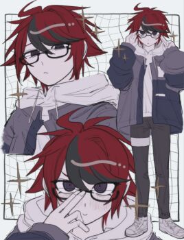 Rule 34 | 0 daino, 1boy, adjusting eyewear, bespectacled, black-framed eyewear, black hair, black pants, closed mouth, commentary request, glasses, hair between eyes, highres, hood, hood down, hoodie, jacket, long sleeves, male focus, multicolored hair, multiple views, open clothes, open jacket, pants, red hair, simple background, smile, sparkle, streaked hair, sumino takumi, the hundred line -last defense academy-, white hoodie