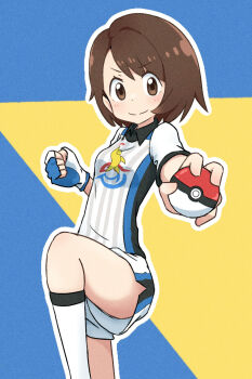 1girl brown_eyes brown_hair clenched_hand closed_mouth collared_shirt commentary_request fingerless_gloves gloria_(pokemon) gloves gym_challenge_uniform highres holding holding_poke_ball leg_up looking_at_viewer medium_hair nintendo outline poke_ball poke_ball_(basic) pokemon pokemon_swsh print_shirt sagami_sagari shirt shorts single_glove smile socks solo split_mouth white_socks