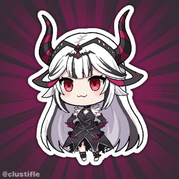 1girl :3 black_hair chained_legs chibi chibi_only choker clustifle dark_persona dragon_horns fake_horns fire_emblem fire_emblem_engage fire_emblem_heroes grey_hair hair_ornament horns long_hair looking_at_viewer multicolored_hair nintendo official_alternate_costume official_alternate_eye_color red_eyes solo two-tone_hair very_long_hair veyle_(fell_successor)_(fire_emblem) veyle_(fire_emblem) white_hair wing_hair_ornament