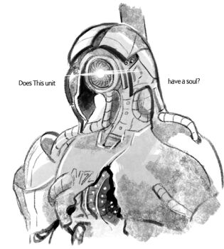 agatemano asking_a_question english_text geth greyscale joints legion_(mass_effect) mass_effect_(series) monochrome robot robot_joints white_background