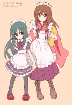 Rule 34 | 10s, 2girls, alternate costume, apron, black legwear, blush, boots, brown eyes, brown hair, dated, enmaided, frills, frown, green eyes, green hair, japanese clothes, long hair, maid, maid apron, maid headdress, minashiro orihime, mixed maids, multiple girls, pantyhose, ribbon, sakaki tsui, sidelocks, skirt, soukyuu no fafner, tatekami seri, tray, wa maid, waitress