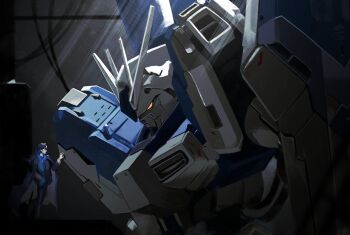 1girl absurdres blue_coat blue_eyes blue_hair blue_jacket blue_pants cable char&#039;s_counterattack char&#039;s_counterattack_-_beltorchika&#039;s_children coat coat_on_shoulders from_side gundam hand_in_pocket hi-nu_gundam highres hololive hololive_english hunk_404 jacket light_rays long_hair long_sleeves mecha mecha_focus mobile_suit official_alternate_costume orange_eyes ouro_kronii ouro_kronii_(4th_costume) pants robot science_fiction standing sunbeam sunlight upper_body v-fin virtual_youtuber