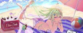 5girls absurdres aokumo_rin ass ball beach beach_towel beach_umbrella beachball bikini blue_eyes blue_shorts blush bottle breasts buried buried_in_sculpted_sand character_request chico_(yuzuha_riko) cloud cloudy_sky commentary cooler drawing_tablet english_text feet fish_hair_ornament glass_bottle grabbing_own_hair green_hair hair_intakes hair_ornament hanako_nana highres holding_own_hair holding_with_feet ice inari_(tenko_shibuki) kitsune_hero kurimi_(aokumo_rin) long_hair looking_at_viewer lying medium_breasts multiple_girls ocean on_stomach peto_(hanako_nana) ribbon shorts side-tie_bikini_bottom sky soda soda_bottle solo_focus stellive striped_bikini striped_clothes striped_shorts stylus swimsuit tan tanline tenko_shibuki towel umbrella untied_bikini_top virtual_youtuber white_bikini white_ribbon x_hair_ornament yuzuha_riko