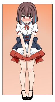 1girl alternate_costume bare_arms bare_legs black_shoes blue_hair blush border brown_eyes brown_hair child clothes_tug commentary dress embarrassed full_body gradient_background highres hozuki_momiji looking_down multicolored_hair neck_ribbon nose_blush onii-chan_wa_oshimai! orange_background outside_border red_ribbon ribbon sargentnik0lay shoes short_hair short_sleeves simple_background solo standing two-tone_hair v_arms wavy_mouth white_border