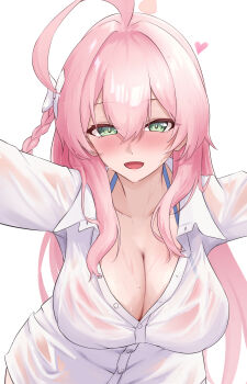 1girl absurdres ahoge bikini bikini_under_clothes blue_archive blush bow braid breasts buttons cleavage collarbone green_eyes hair_bow hanako_(blue_archive) hanako_(swimsuit)_(blue_archive) heart highres ilie_ilie large_breasts long_hair open_mouth pink_hair see-through_clothes shirt swimsuit wet wet_clothes wet_shirt white_background white_bow