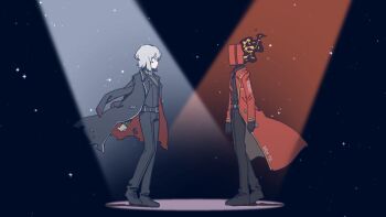 1girl 1other belt black_belt black_coat black_gloves black_pants black_shoes black_vest blue_eyes clock coat coat_on_shoulders dante_(limbus_company) faust_(project_moon) flaming_head fly_me_to_the_star_(revue_starlight) gloves highres ivy_(675671) limbus_company necktie object_head pants project_moon red_coat red_necktie shoes short_hair shoujo_kageki_revue_starlight vest white_hair