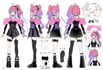 1girl ahoge asymmetrical_legwear black_boots black_bow black_collar black_shirt black_skirt black_sleeves blue_eyes boots bow center-flap_bangs clothes_on_and_off collar commentary_request copyright_name detached_sleeves double-parted_bangs fishnet_socks fishnets frilled_thigh_strap full_body hair_bow hair_intakes heart heart_print highres hololive hololive_dev_is kikirara_vivi kikirara_vivi_(flowglow_uniform) long_hair long_sleeves miniskirt mismatched_legwear multicolored_hair multiple_views nail_polish nowri official_alternate_costume official_alternate_hairstyle official_art pink_hair pink_nails platform_boots pointing_out_the_details print_thighhighs purple_hair purple_nails reference_sheet shirt side_ponytail simple_background single_sock single_thighhigh skirt sleeveless sleeveless_shirt socks spiked_collar spikes streaked_hair thigh_strap thighhighs translation_request turnaround uneven_legwear very_long_hair virtual_youtuber watermark white_background