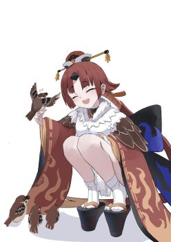 1girl apron beni-enma beni-enma_(first_ascension) bird bird_hat blush breasts brown_hat closed_eyes commentary_request fate/grand_order fate_(series) feather_trim hat japanese_clothes kimono long_hair long_sleeves low_ponytail open_mouth parted_bangs platform_sandals ponytail red_hair red_kimono sandals small_breasts smile socks squatting very_long_hair white_apron wide_sleeves yugusan5