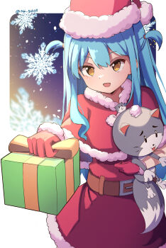 Rule 34 | 1girl, absurdres, ao no kiseki, blue hair, christmas, eiyuu densetsu, gift, gloves, hat, highres, looking at viewer, mishy, naisu (nai su01), red gloves, santa costume, santa hat, snowflakes, stuffed animal, stuffed cat, stuffed toy, tio plato, yellow eyes, zero no kiseki