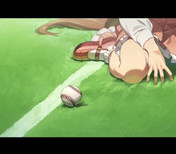 1girl ball baseball_(object) commentary_request dress frilled_socks frills grass highres hishi_akebono_(casual)_(umamusume) hishi_akebono_(umamusume) horse_girl horse_tail letterboxed nishiki_kazue object_focus parody pink_dress pink_shoes shoes sitting socks solo tail umamusume white_socks