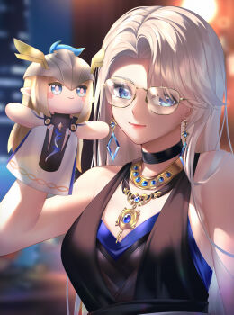 1girl a-soul absurdres bare_shoulders blonde_hair blue_eyes blurry blurry_background breasts cartethyia_(wuthering_waves) closed_mouth commentary_request earrings eileen_(a-soul) glasses hand_puppet hand_up highres jewelry long_hair looking_at_viewer medium_breasts puppet smile solo upper_body wuthering_waves ymmy203203