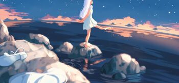 1girl arms_behind_back barefoot cloud dress from_side highres long_hair looking_afar no_mouth ocean original rock sandals sky solo standing standing_on_one_leg taizo_(taizo_03) twilight unworn_sandals white_dress white_hair wide_shot