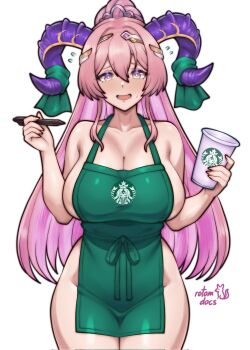 1girl apron artist_name bare_shoulders blush breasts cleavage collarbone commentary cup english_commentary fingernails fire_emblem fire_emblem_heroes flying_sweatdrops green_apron green_ribbon groin gullveig_(fire_emblem) hair_between_eyes high_ponytail highres holding holding_cup holding_pen horn_ornament horn_ribbon horns huge_breasts large_horns logo_parody long_hair looking_at_viewer multicolored_eyes multicolored_horns naked_apron nerthuz_(fire_emblem) nervous nervous_smile nintendo open_mouth pen pink_eyes pink_hair ponytail purple_horns ribbon rotomdocs sideboob simple_background smile solo starbucks sweatdrop thick_thighs thighs two-tone_eyes two-tone_horns wavy_mouth white_background yellow_eyes yellow_horns