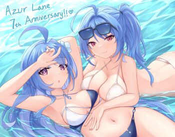 2girls absurdres arm_behind_head azur_lane bikini blue_hair blue_nails blush breasts cleavage commentary english_commentary eyewear_on_head flower hair_flower hair_ornament hand_on_another&#039;s_stomach hand_on_own_forehead hand_up helena_(azur_lane) helena_(shimmering_triangle_wave)_(azur_lane) highres kyl490 large_breasts long_hair medium_breasts multicolored_bikini multiple_girls nail_polish navel pink_eyes purple_eyes side_ponytail st._louis_(an_afternoon_on_the_lido_deck)_(azur_lane) st._louis_(azur_lane) stomach sunglasses swimming swimsuit two-tone_bikini very_long_hair