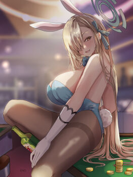 1girl absurdres alternate_eye_color animal_ears asuna_(blue_archive) asuna_(bunny)_(blue_archive) bare_shoulders blonde_hair blue_archive blue_bow blue_bowtie blue_halo blue_leotard blush bottle bow bowtie breasts brown_eyes detached_collar end1018aki fake_animal_ears fake_tail gloves hair_over_one_eye halo highres large_breasts leotard long_hair looking_at_viewer official_alternate_costume open_mouth pantyhose poker_chip rabbit_ears rabbit_tail sitting sitting_on_table solo strapless strapless_leotard tail thighband_pantyhose thighs very_long_hair white_gloves wine_bottle