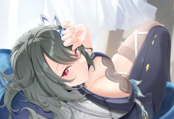 1girl absurdres black_bodysuit black_thighhighs bodysuit breasts chinese_commentary cleavage commentary_request from_above grey_hair highres honkai_(series) honkai_impact_3rd kaerbin large_breasts long_hair looking_at_viewer purple_eyes single_leg_bodysuit single_thighhigh sitting smile solo thighhighs thighs very_long_hair vita_(honkai_impact) vita_(lone_planetfarer)_(honkai_impact)