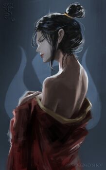 1girl absurdres avatar:_the_last_airbender avatar_legends azula black_hair braid braided_ponytail hair_bun highres lipstick makeup red_lips red_robe robe single_hair_bun sleemonkv solo topknot